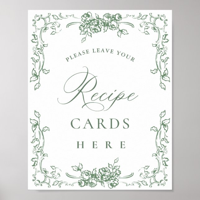 Renaissance Ornate Sage Green Floral Recipe Cards Poster (Front)
