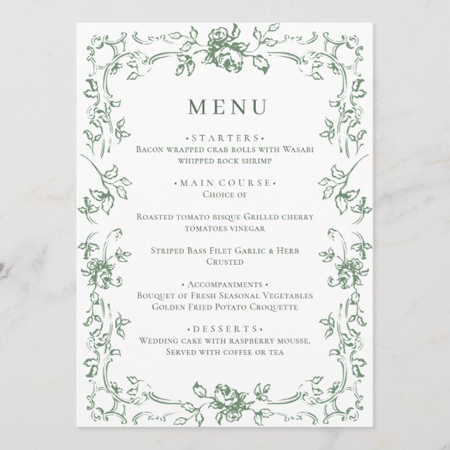 Renaissance Ornate Sage Green Floral Wedding Menu (Front)