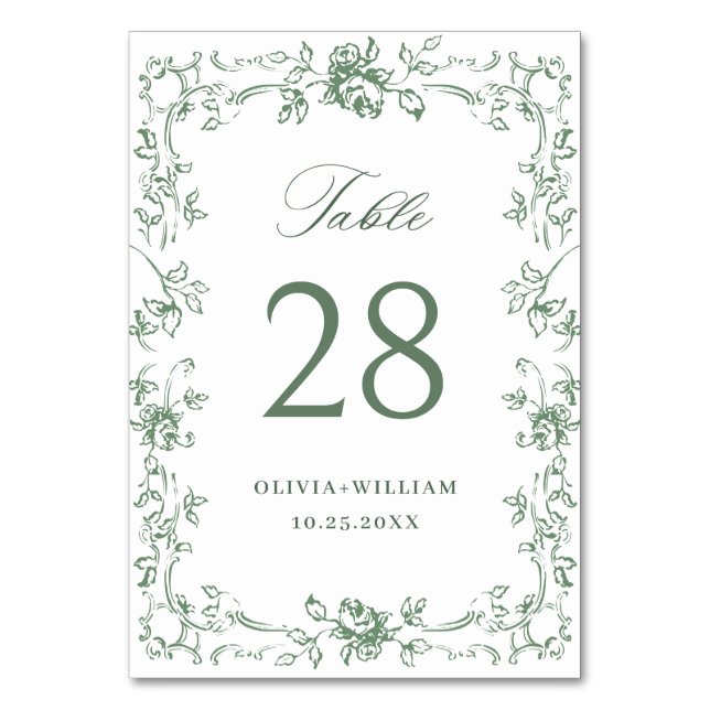 Renaissance Ornate Sage Green Floral Wedding Table Number (Front)