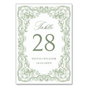 Renaissance Ornate Sage Green Floral Wedding Table Number