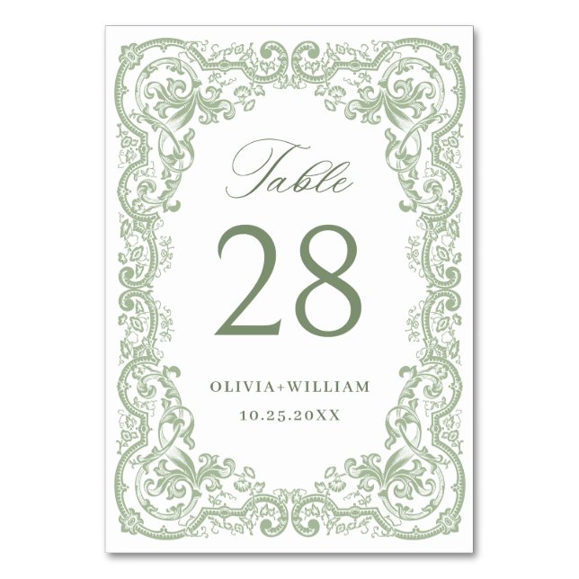 Renaissance Ornate Sage Green Floral Wedding Table Number (Front)