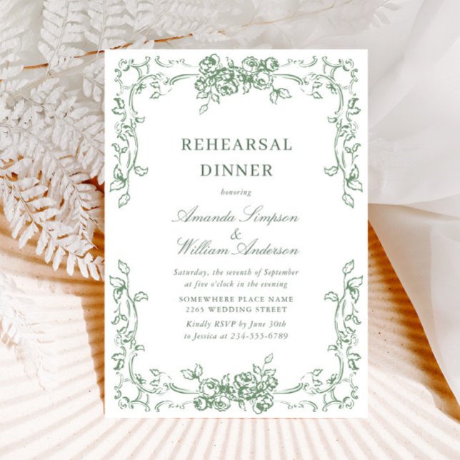 Renaissance Ornate Sage Green Rehearsal Dinner Invitation (Creator Uploaded)