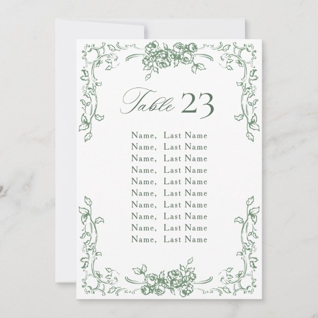 Renaissance Ornate Sage Green Seating Chart Card (Front)