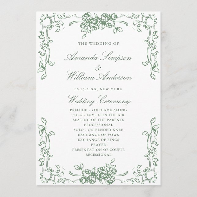 Renaissance Ornate Sage Green Wedding Ceremony Program (Front)