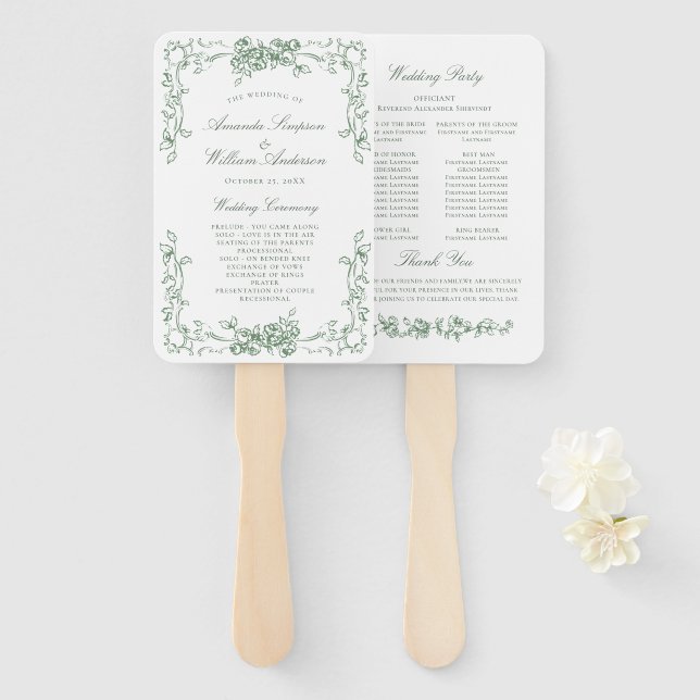 Renaissance Ornate sage Green Wedding Program Hand Fan (Front and Back)
