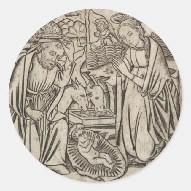 RENAISSANCE PRINT OF NATIVITY CHRISTMAS CARD CLASSIC ROUND STICKER (Front)