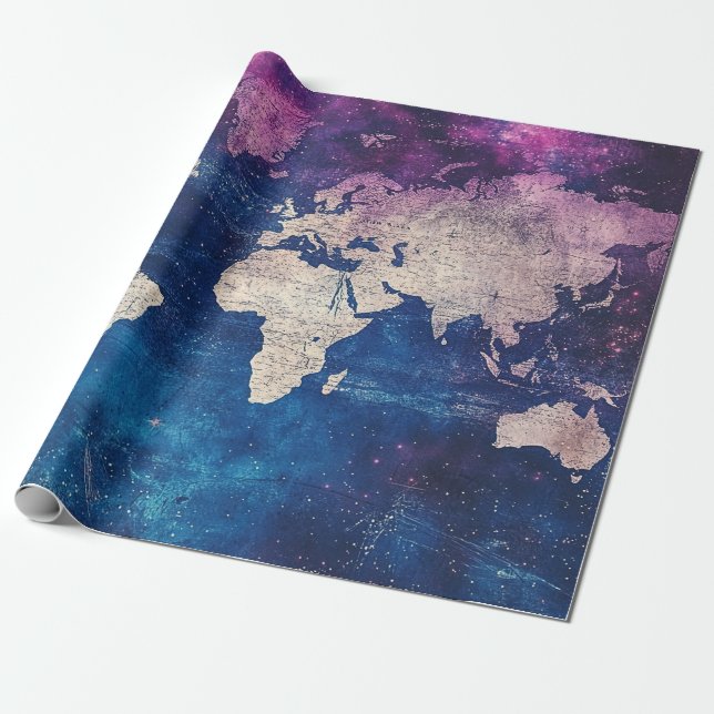 Renaissance Purple Celestial World Map Wrapping Paper (Unrolled)