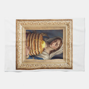 Renaissance-Style Woman Crying Over Pancakes Tea Towel