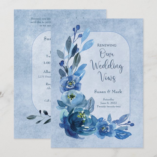 Renew Wed Vows Invitation Roses in Shades of Blue (Front/Back)