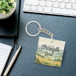 Renewed Strength in the Lord Christian Key Ring<br><div class="desc">This Christian keychain features the phrase “Renewed Strength in the Lord” set against a calming watercolor green valley background. The design pairs simple typography with a peaceful nature theme, creating a meaningful and encouraging message. On the back, the bible verse from Isaiah 40:31 adds a reminder of God’s promise to...</div>