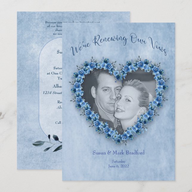 Renewing Wedding Vows Blue Roses Heart Photo  Invitation (Front/Back)
