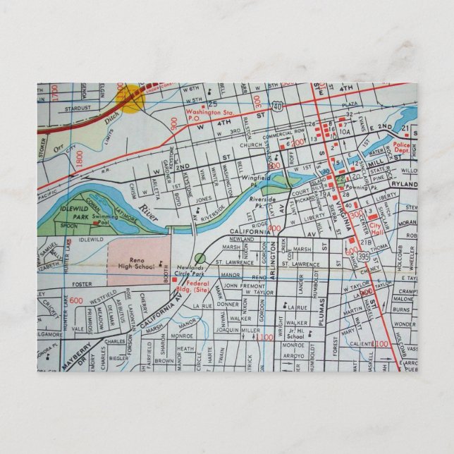 RENO, NV Vintage Map Postcard (Front)