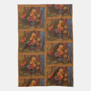 Renoir Impressionist Roses in Teal Vase Art Tea Towel