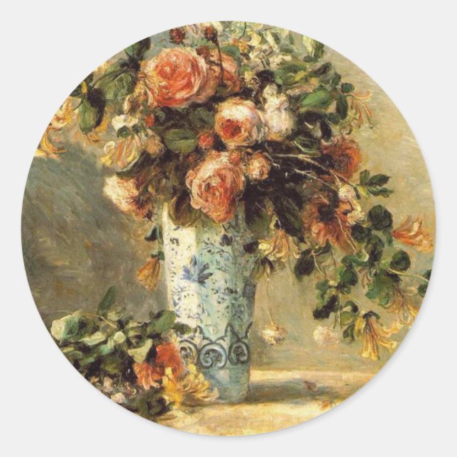 Renoir Roses and Jasmine in a Delft Vase Classic Round Sticker (Front)