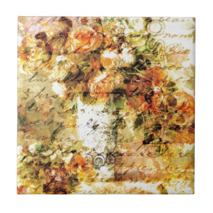 Renoir Roses and Vintage Handwritten Words Collage Ceramic Tile
