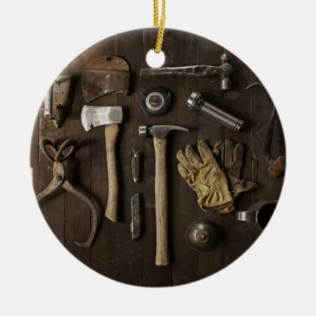 Renovation Themed, Wooden Carpentry Handymen And T Ceramic Tree Decoration (Front)