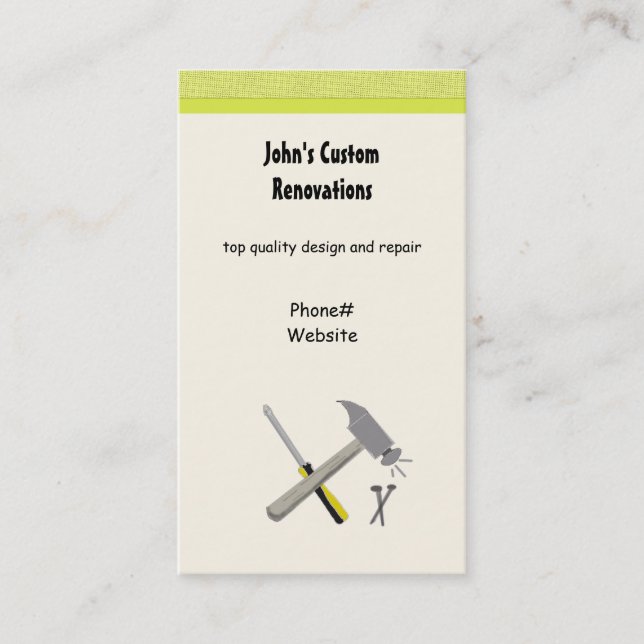 Renovations and Custom Construction Tools Business Card (Front)