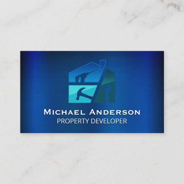 Renovations | Repair Hand Tools | Blue Metallic Business Card (Front)