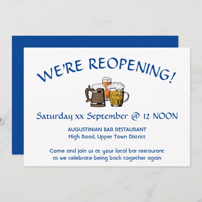 REOPENING Bar Reunion Customisable DEEP BLUE Invitation (Front/Back)