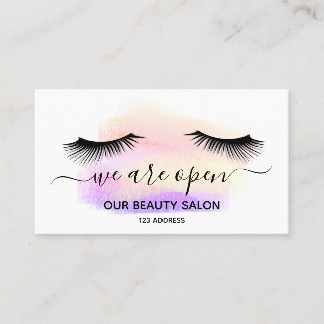 Reopening beauty salon light white lashes pastel business card (Front)