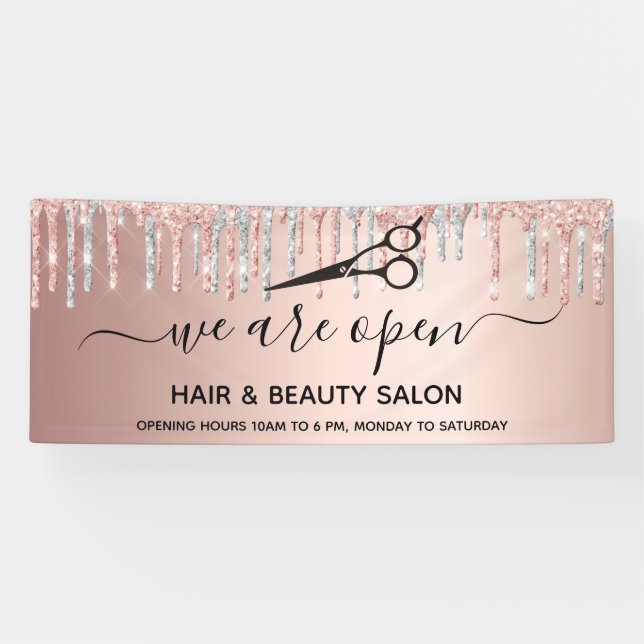 Reopening hair beauty salon pink glitter silver banner (Horizontal)