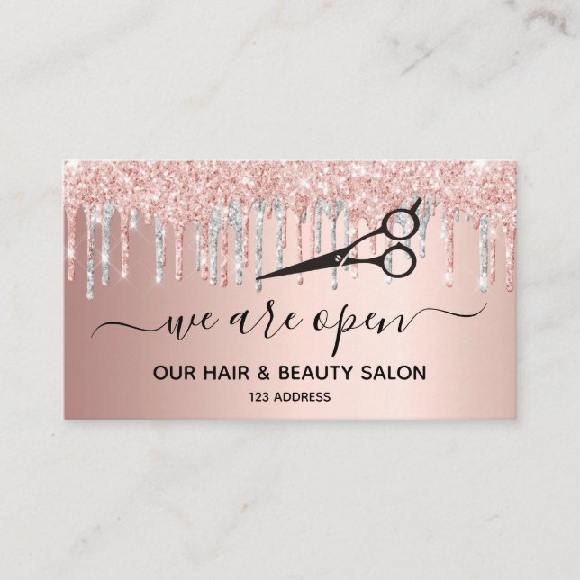 Reopening hair beauty salon pink glitter silver business card (Front)