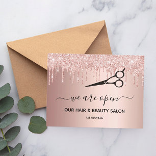 Reopening hair beauty salon rose gold glitter drip postcard