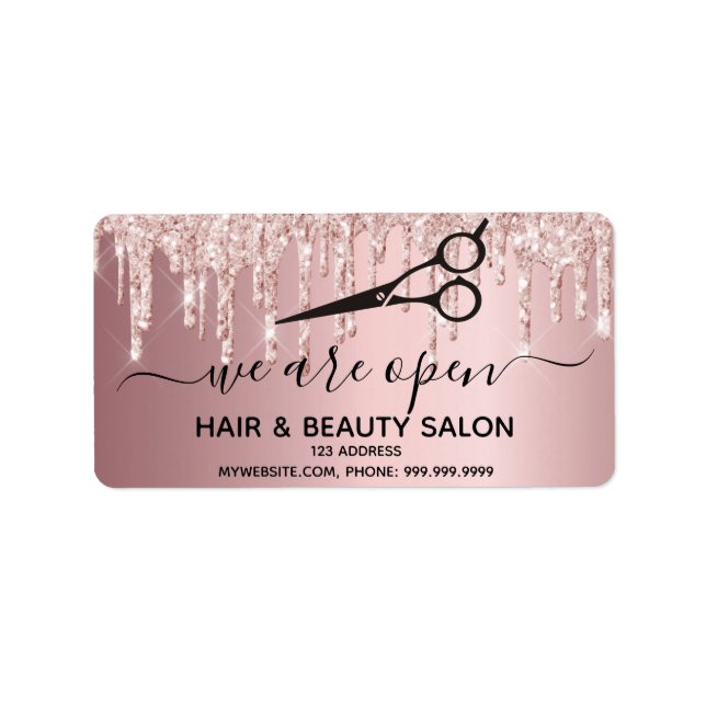 Reopening hair beauty salon rose gold glitter label (Front)