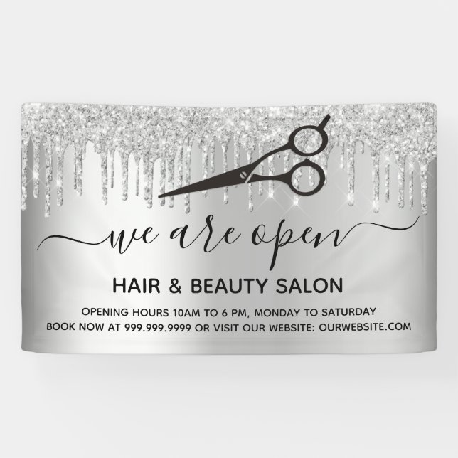 Reopening hair beauty salon silver glitter sparkle banner (Horizontal)