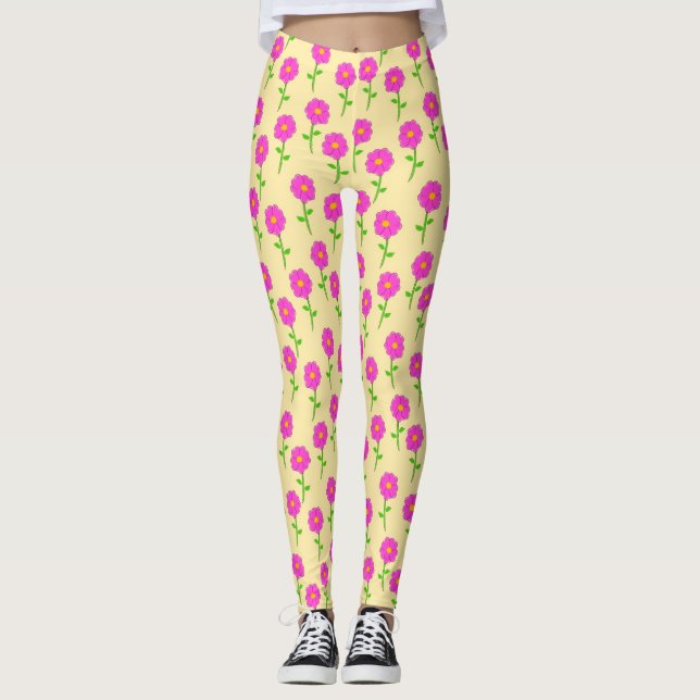 Repeat Flower Pattern with Hot Pink Flowers Leggings (Front)