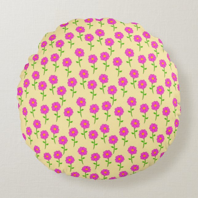 Repeat Flower Pattern with Hot Pink Flowers Round Cushion (Front)