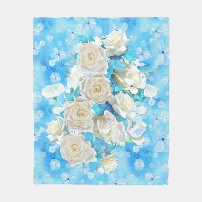 Repeat pale sky blue - white watercolor Roses Fleece Blanket (Front)