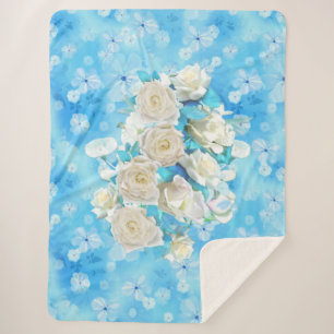 Repeat pale sky blue - white watercolor Roses Sherpa Blanket