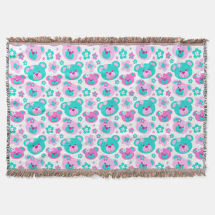 Repeat pattern teddy bear flower pink aqua throw