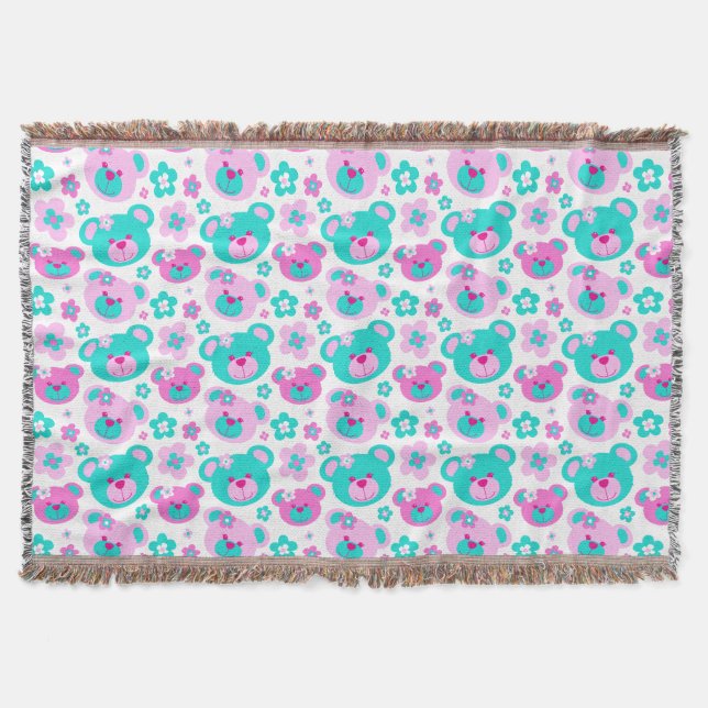 Repeat pattern teddy bear flower pink aqua throw (Front)
