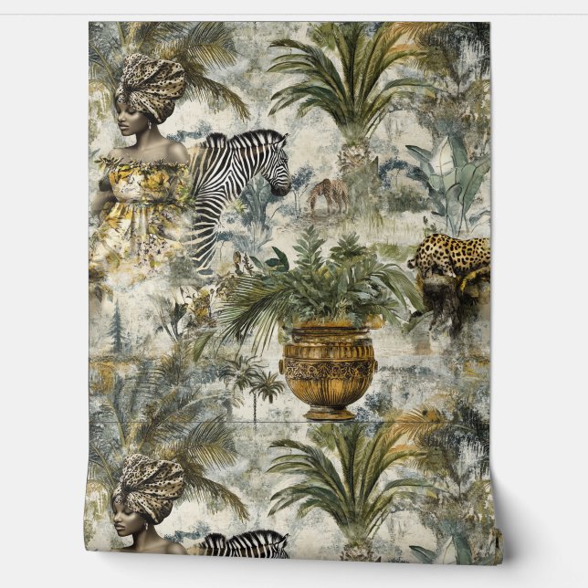 Repeat Tropical Theme Leopard Zebra Exotic Lady  Wallpaper (Unrolling)