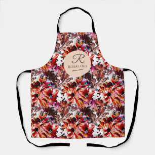 Repeated Burgundy Flowers Pattern Monogrammed Apron