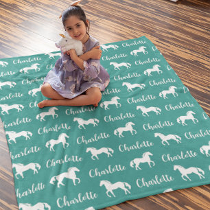 Repeated Names Horse Teal Simple Fleece Blanket