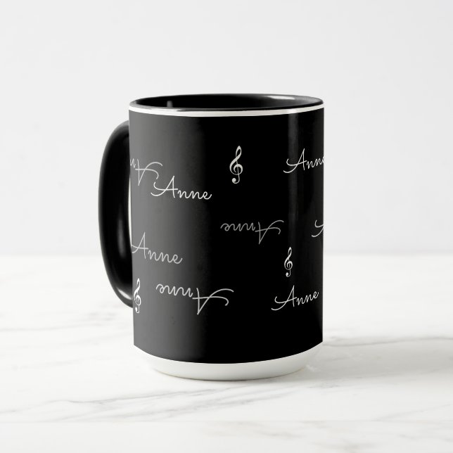 Repeated Names & Music Treble Clefs Black Mug (Front Left)