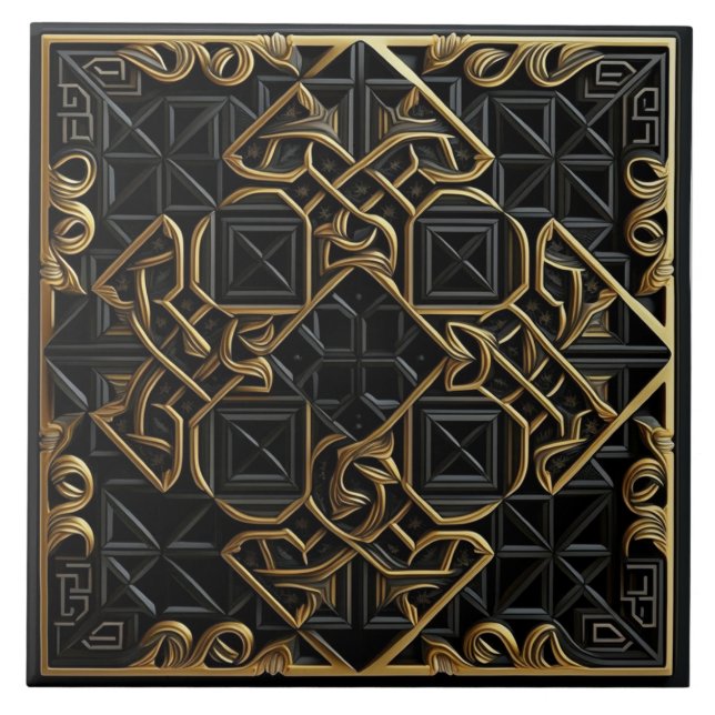 Repeating Black Gold Mosaic Accent Ceramic Tile (Front)