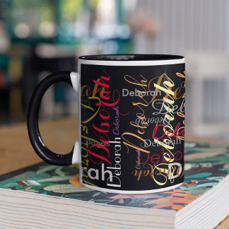 Repeating Colour Name Pattern on Black Mug