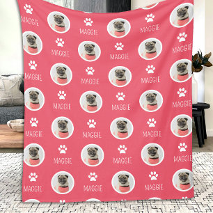 Repeating Dog Cat Pet Name & Photo Pink Fleece Blanket