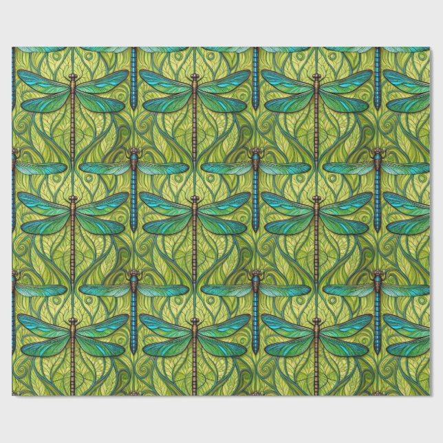 Repeating dragonfly pattern on green  wrapping paper (Flat)
