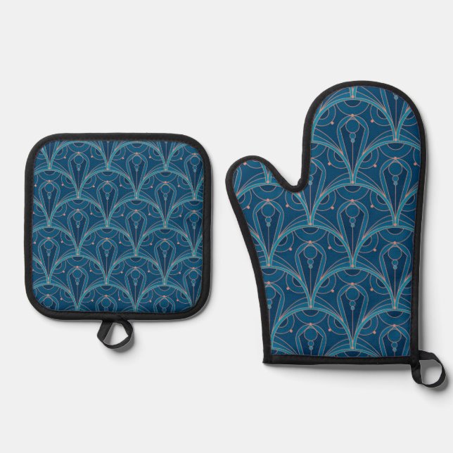 Repeating geometric Art Deco pattern Oven Mitt & Pot Holder Set (Front)