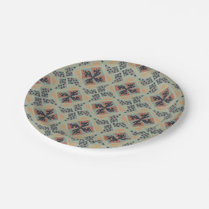 Repeating geometric pattern with blue and peach paper plate