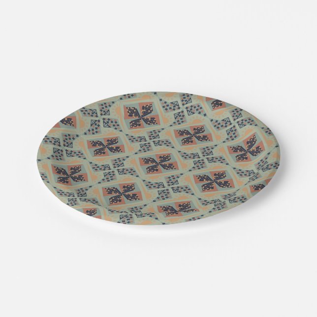 Repeating geometric pattern with blue and peach paper plate (Angled)