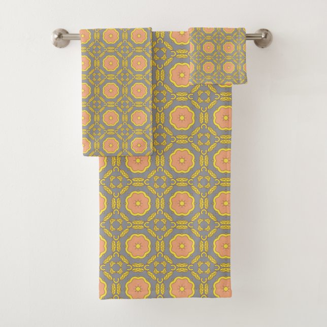 repeating geometric pattern with orange and yellow bath towel set (Insitu)