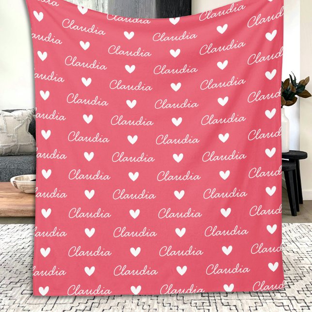 Repeating Girls Name Pink & White Love Heart Fleece Blanket (Creator Uploaded)