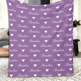 Repeating Girls Name Purple White Love Heart  Fleece Blanket