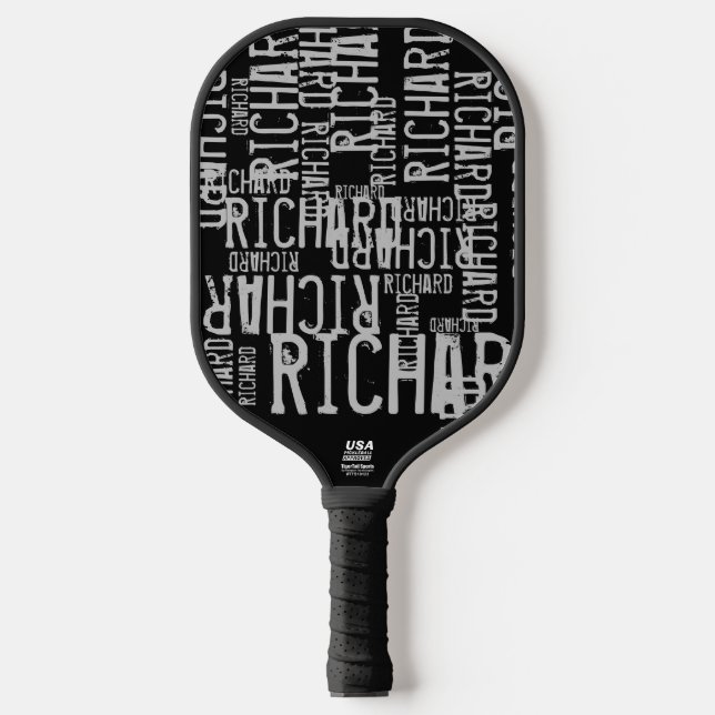 Repeating Grey Names on Black Pickleball Paddle (Front)